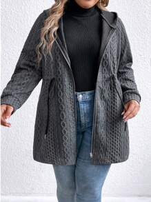 SHEIN LUNE Plus Size Hooded With Tie Collar Pocket Zip Up Knit Jacket Fall Winter Cloth For Women Autumn - Dark Grey - View 7