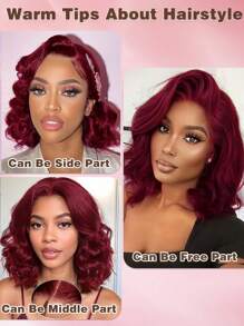 Peluca Bob de 13x4 con ondas sueltas, peluca de encaje frontal de cabello humano, 99J Burdeos, peluca corta Bob de cabello humano para mujer, densidad del 180% - S99J - Ver 4