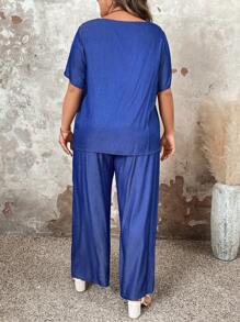 2 piezas Conjunto de blusa holgada de manga corta con botones y pantalón casual de pierna recta para tallas grandes - Azul - Ver 2