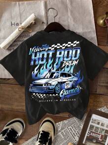 SHEIN 3pcs Vintage Racing Car Print Tween Boys Casual Simple Car Pattern Crew Neck Short Sleeve T-Shirts, Summer