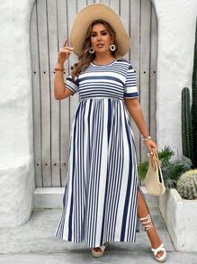 SHEIN VCAY Plus Size Holiday Casual Color Blocked Striped Side Slit Dress