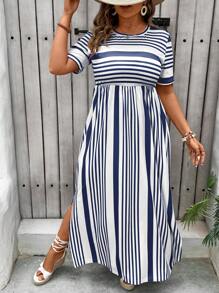 SHEIN VCAY Plus Size Holiday Casual Color Blocked Striped Side Slit Dress