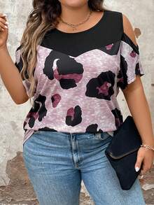 SHEIN LUNE 大码夏季时尚豹纹拼布露肩休闲 T 恤 - 彩色 - 查看 4