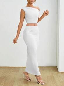 SHEIN PETITE Women's Asymmetric Ruffle Top And Skirt Set - White - View 3