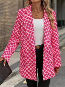 SHEIN Clasi Geometric Print Double-Breasted Suit Jacket For Vacation Fall Cloth For Women - Hot Pink - View 5