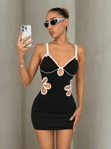 SHEIN ICON Women's Sexy Bodycon Cutout Floral Trim Contrast Color Sleeveless Mini Dress, Summer