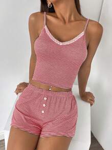 SHEIN Unity Bộ 2 chiếc áo yếm sọc và quần short cài cúc phía trước phối ren cho nữ (Diềm xếp nếp ngẫu nhiên) - Đỏ và trắng - Xem 1