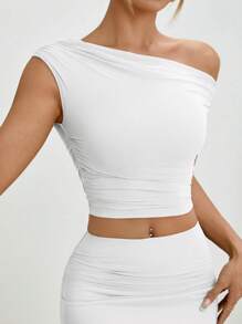 SHEIN PETITE Women's Asymmetric Ruffle Top And Skirt Set - White - View 7