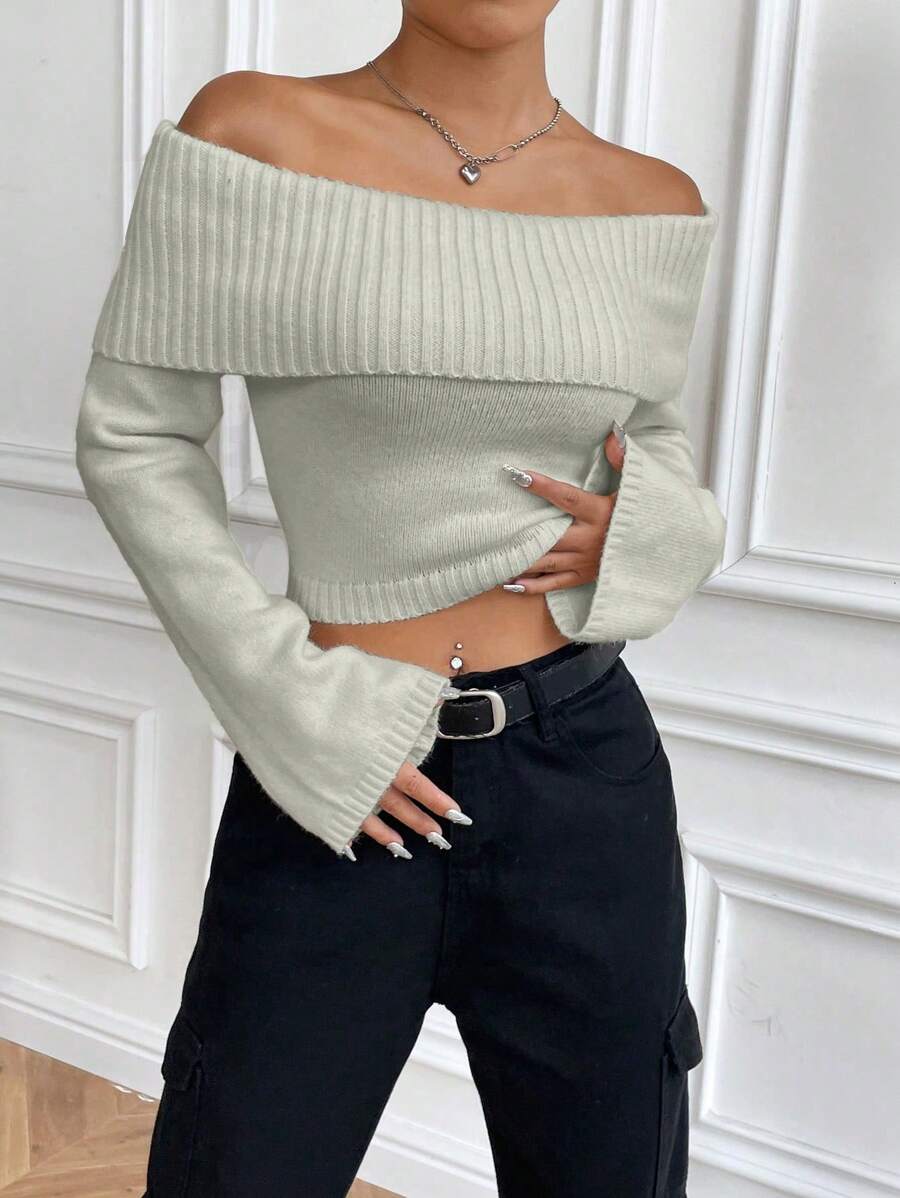 Flirla 1pc Solid Color Casual Off Shoulder Long Sleeve Sweater, Knit Pullover Fall Winter - Grey - View 1