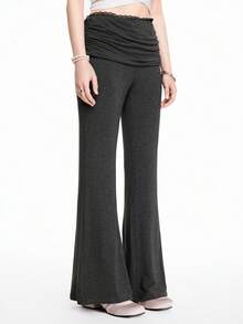 ROMWE Kawaii Calça feminina skinny flare vintage Y2K de cintura baixa com detalhes em renda e franzidos, peça versátil para usar em casa. - Cinza escuro - Ver 3