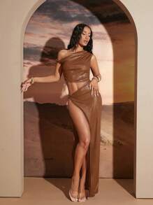 SHEIN Unity Asymmetric Twist Off Shoulder Cutout High Slit Sexy Dress - Brown - View 4