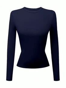 INAWLY Camiseta de manga larga ajustada de cuello redondo de unicolor para mujer - Azul Marino - Ver 3