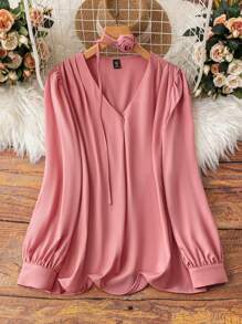 SHEIN Clasi Plus Size Solid Color Long Sleeve Pleated Simple Casual Shirt