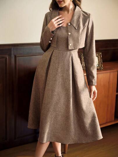 Vintamour 复古优雅女士两件套，方领无袖连衣裙和长袖短夹克，珍珠纽扣装饰，办公室装秋装