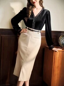 Vintamour Vintage Elegant Women's Midi Pencil Skirt With Belt, Casual & Business Wear Business Casual Homecoming Fall Winter Halloween Office Wear Work Old Money - Khaki - View 1