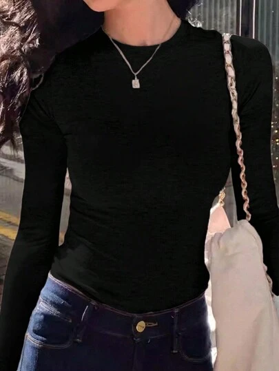 INAWLY 女士纯黑色圆领长袖简约 T 恤，休闲日常穿着