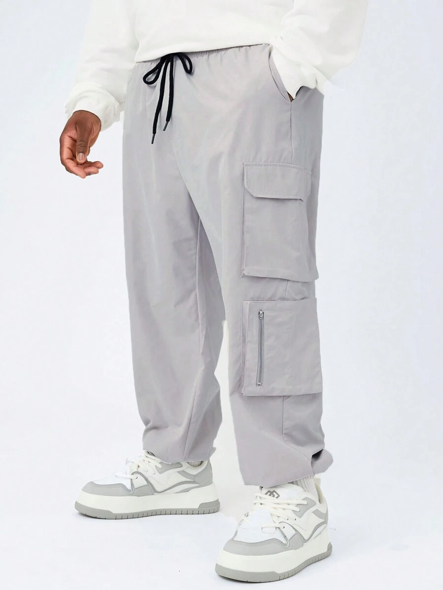 Manfinity VCAY Plus Size Men's Casual Woven Multi-Pocket Drawstring Waist Cargo Pants - Light Grey - View 1