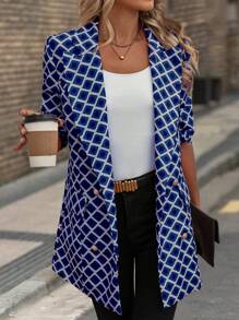 SHEIN Clasi Áo khoác dài tay thanh lịch in hình học đôi khuy - Màu xanh hải quân - Xem 4