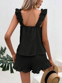 Breezaya Solid Ruffle Trim Top & Shorts - Black - View 2