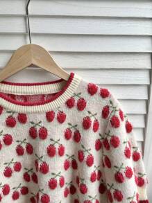 Elamini Women's Casual Cherry Print Short Sleeve Knit Sweater, Spring And Autumn - Apricot - View 3