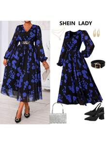 SHEIN Lady Robe longue à manches longues élégante avec pois en maille pour femmes grandes tailles. Robes de mariage pour femmes, tenues de sortie, robes de bal, vêtements d'automne pour femmes, robes d'automne, tenues de croisière d'automne pour femmes. - Multicolore - Voir 4