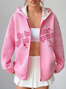 SHEIN Unity 前拉链长袖字母印花口袋连帽衫，休闲日常穿着