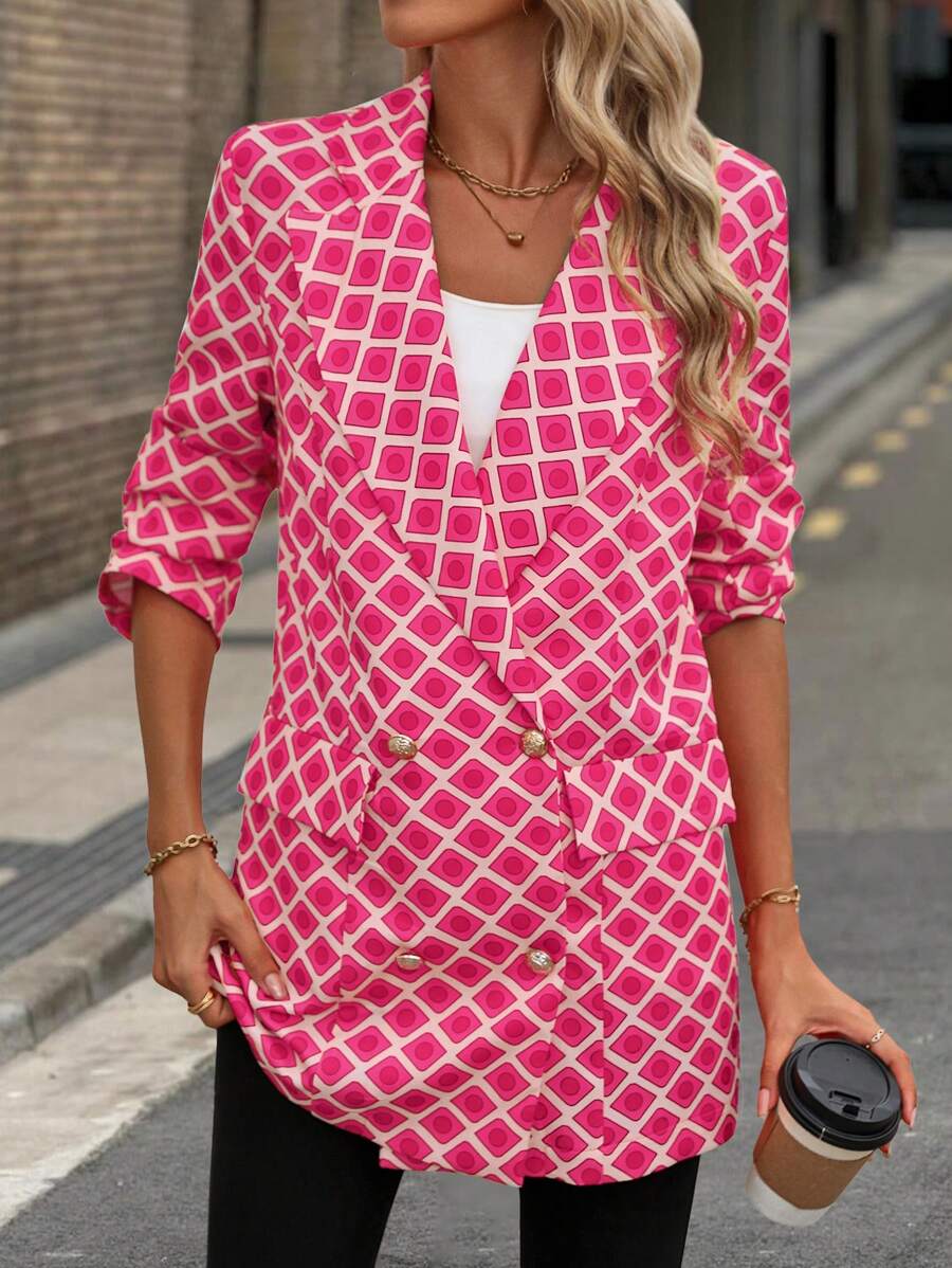 SHEIN Clasi Geometric Print Double-Breasted Suit Jacket For Vacation Fall Cloth For Women - Hot Pink - View 1