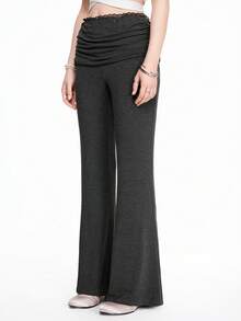 ROMWE Kawaii Calça feminina skinny flare vintage Y2K de cintura baixa com detalhes em renda e franzidos, peça versátil para usar em casa. - Cinza escuro - Ver 4