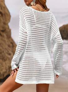 SHEIN Swim Casual Fashion Versatile Loose White V-Neck Off-Shoulder Beach Cover Up Swimsuit For Women - White - View 2