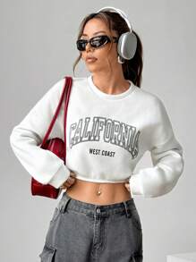 SHEIN Unity 休闲 CALIFORNIA 地理名称短款运动衫，春秋季 - 白色 - 查看 6