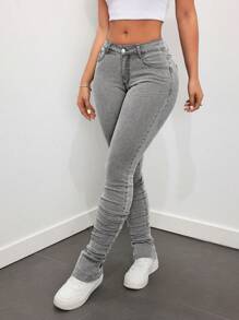 SHEIN ICON Women's Low-Rise Distressed Flared Jeans With Washed Effect - Light Grey - View 2