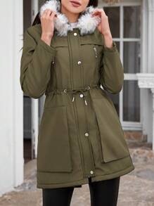 EURMUSE Women'S Parka Padded Jacket With Drawstring Waist And Hooded Design - Army Green - View 5