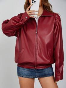 Chaqueta negra de PU con cremallera y hombros caídos para otoño/invierno - Rojo - Ver 5