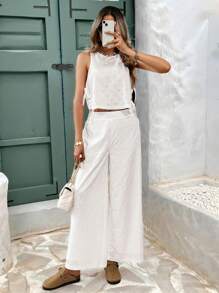 SHEIN Frenchy 2 件套女士白色度假休闲纯色镂空刺绣系带蝴蝶结背心和阔腿裤