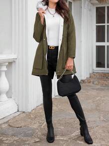 EURMUSE Women'S Parka Padded Jacket With Drawstring Waist And Hooded Design - Army Green - View 6