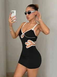 SHEIN ICON Women's Sexy Bodycon Cutout Floral Trim Contrast Color Sleeveless Mini Dress, Summer