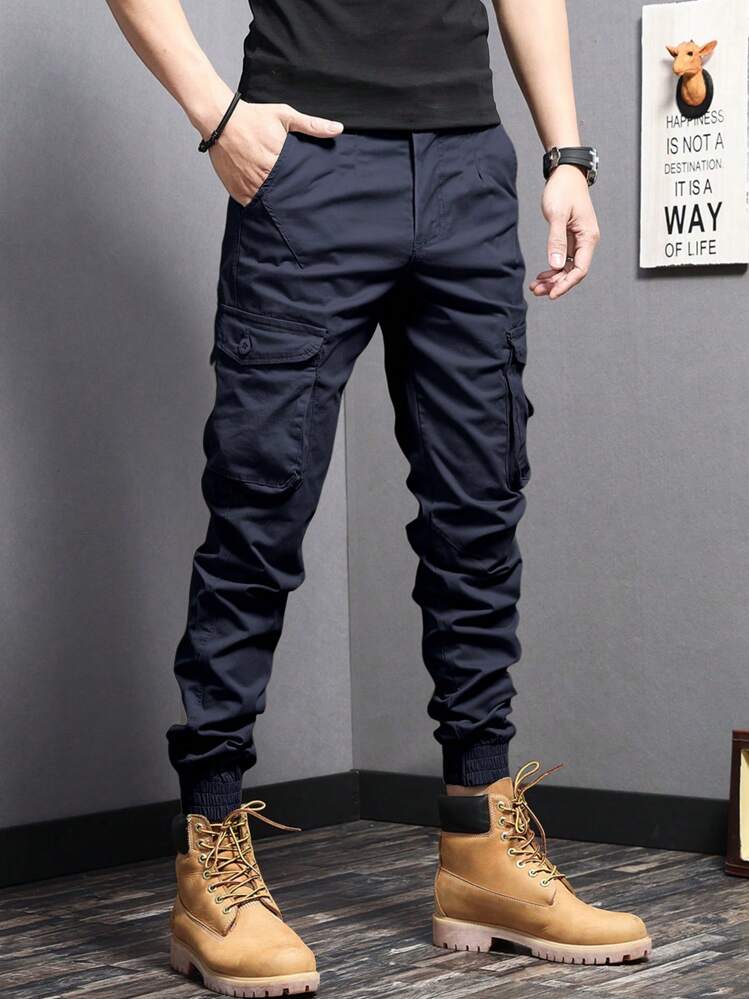 Manfinity Homme Pantalones cargo jogger de unicolor casual para hombre, otoño - Azul Marino - Añade 3