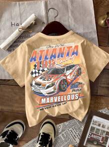 SHEIN 3pcs Vintage Racing Car Print Tween Boys Casual Simple Car Pattern Crew Neck Short Sleeve T-Shirts, Summer