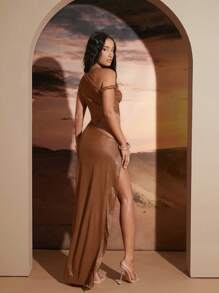 SHEIN Unity Asymmetric Twist Off Shoulder Cutout High Slit Sexy Dress - Brown - View 2