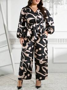 Modelyn 2 piezas/set Blusa de manga larga con estampado integral y cuello en V talla grande talla, y pantalón casual de pierna recta - Multicolor - Ver 7