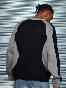 Manfinity Homme Áo len cổ tròn thêu chữ Colorblock thường ngày cho nam, Thu/Đông - màu đen - Xem 2