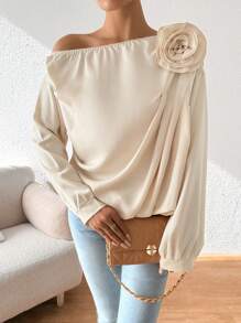 Chiquease Camisa de Ombro Oblíquo de Manga Longa de Cor Sólida para Mulher com Decoração de Flores, Primavera/Verão - Damasco - Ver 5