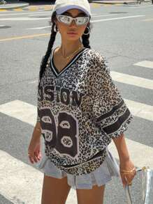 SHEIN EZwear Women's New V-Neck Leopard Print & Letter Oversized Casual T-Shirt