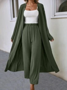 Balvessa 2pcs Set Casual Solid Color Bell Sleeve Robe And Pants, Spring & Autumn - Army Green - View 5