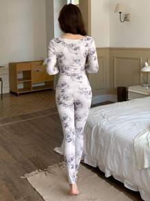 DAZY Floral Print Fitted Asymmetric Neck Pajama Set, Fall Winter Clothes - Beige - View 2