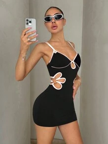SHEIN ICON Women's Sexy Bodycon Cutout Floral Trim Contrast Color Sleeveless Mini Dress, Summer