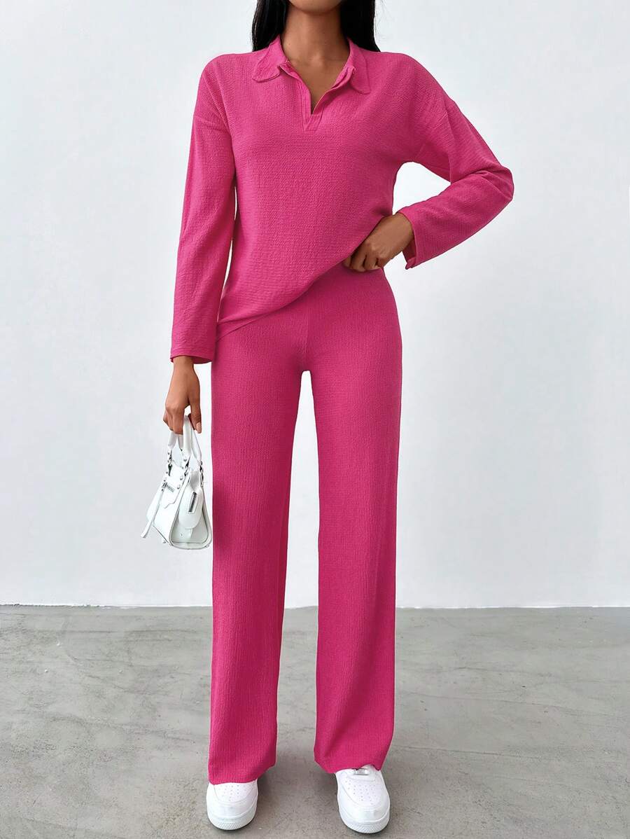 EURMUSE Solid Drop Shoulder Tee & Pants - Hot Pink - View 1
