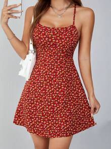 SHEIN PETITE Sexy Ditsy Floral Backless Spaghetti Strap Summer Dress