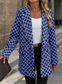 SHEIN Clasi Áo khoác dài tay thanh lịch in hình học đôi khuy - Màu xanh hải quân - Xem 5