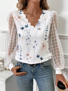 SHEIN Clasi Women's Floral Print Fitted Shell Trim Paneled Mesh Long Sleeve Blouse